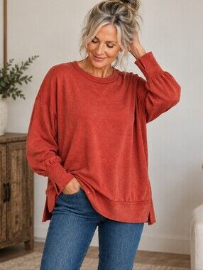 Sewn + Seen Mineral Wash Red Oversized Sweatshirt Split Cuff Top Size M